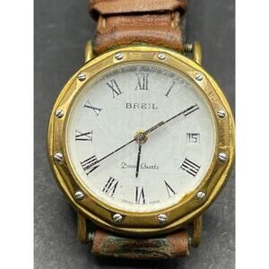 Vintage BREIL Davos Quartz Gold Tone Date Womne's Watch Brown Leather Band 28mm